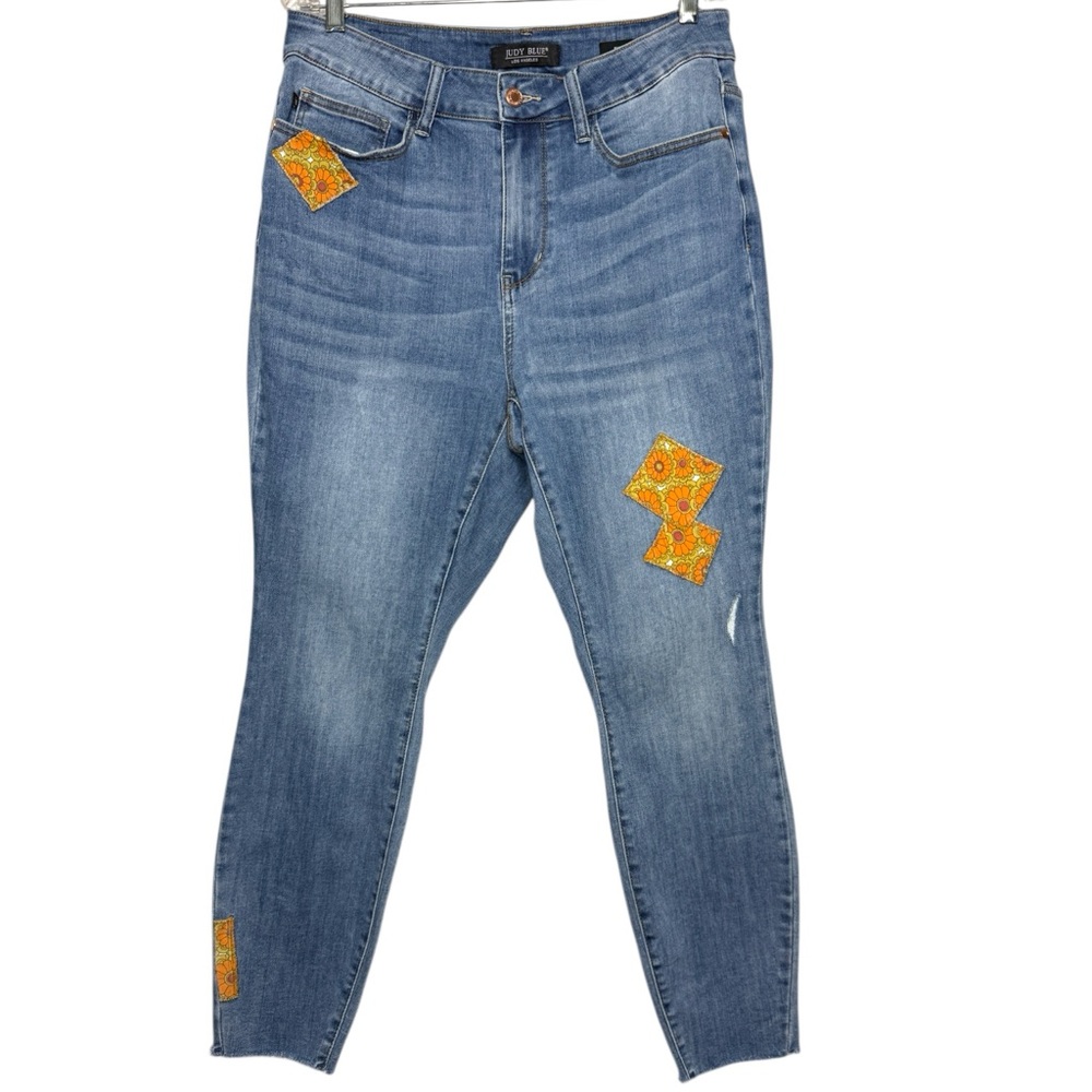 JUDY BLUE 70’s Patch Skinny Jeans Mid Rise Stretch‎ Denim Size 14W